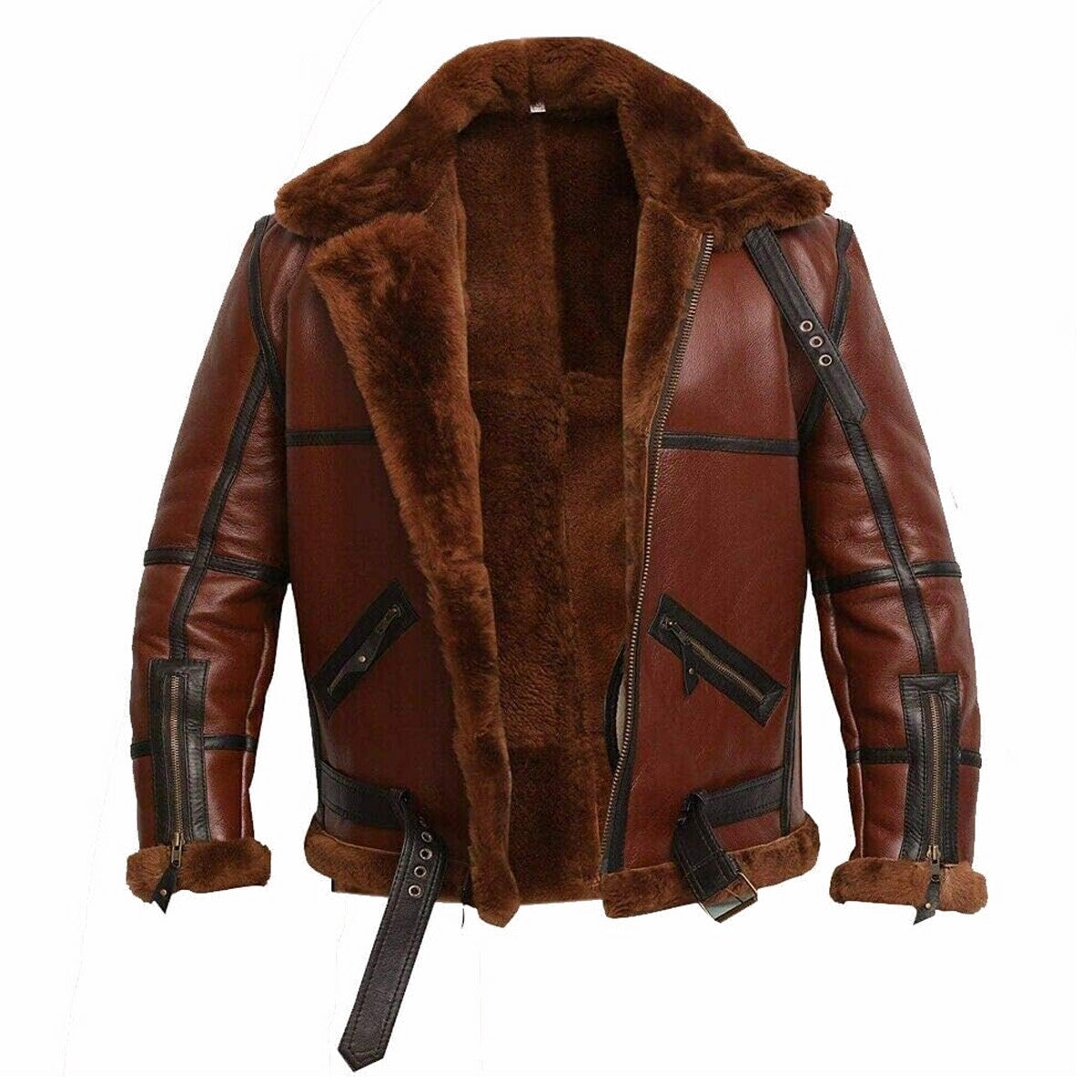 ZA Fashion Cloud Men's Genuine B3 Flying RAF Shearling Sheepskin Real Fur Coat Leather Jacket