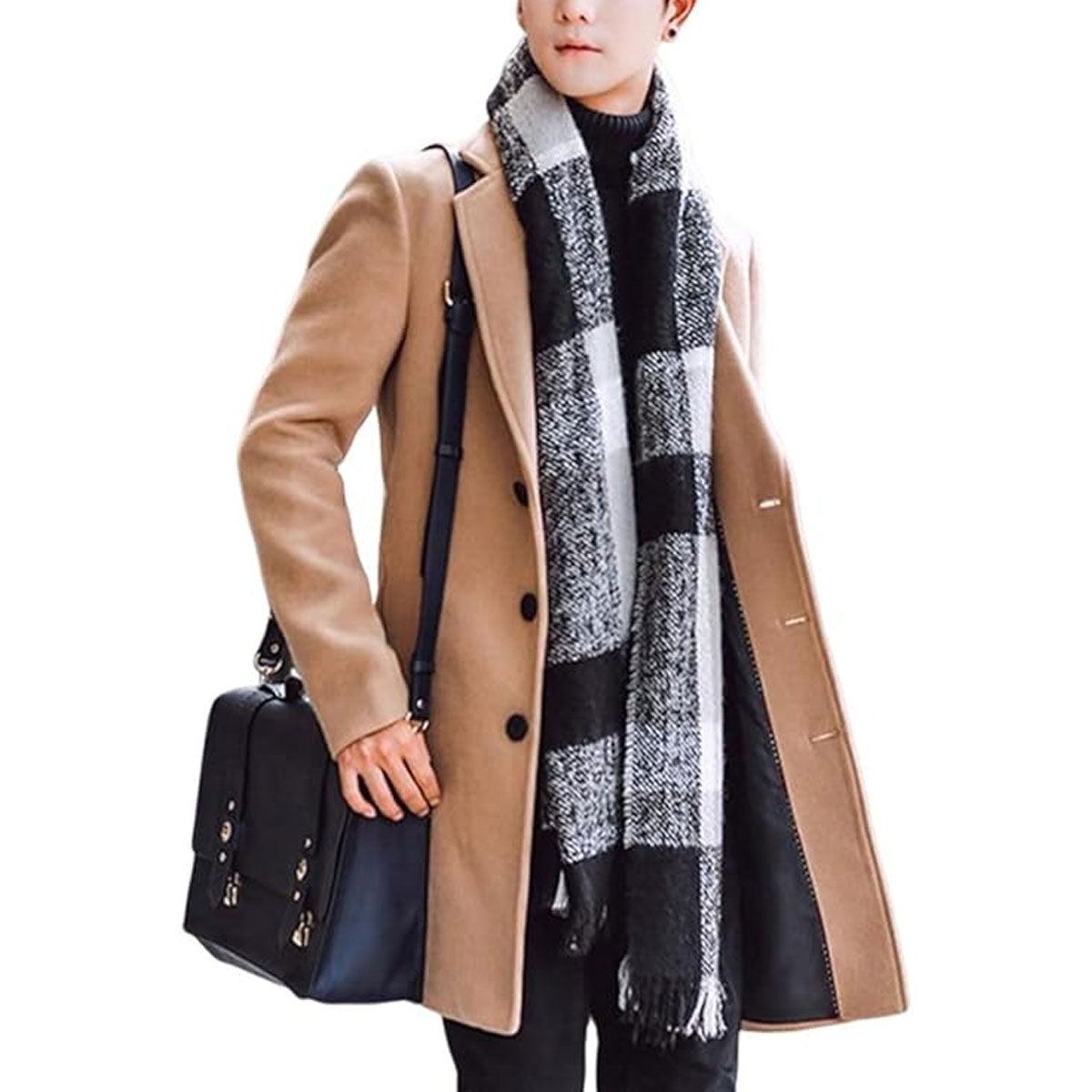 leebrando Men's Wool Blend Long Warm Pea Coat Casual Notched Collar Single Breasted Trench Brown Winter Overcoat