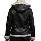 B3 Womens Black and White Shearling Sheepskin Flying Hood Soft Wool Leather Genuine Fur Jacket