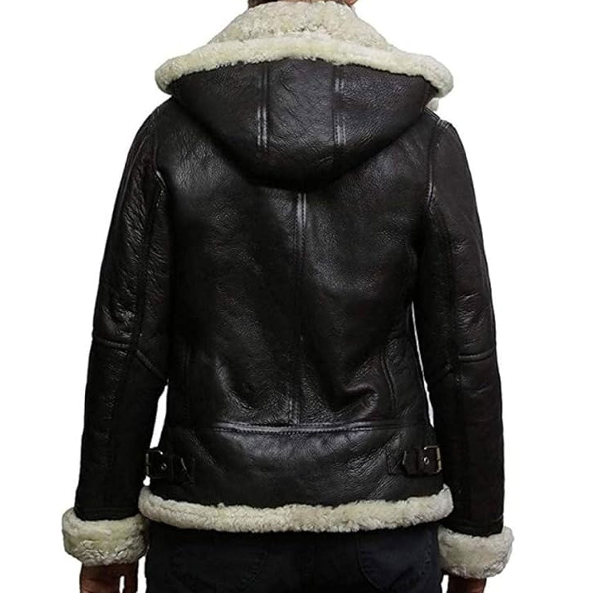 B3 Womens Black and White Shearling Sheepskin Flying Hood Soft Wool Leather Genuine Fur Jacket