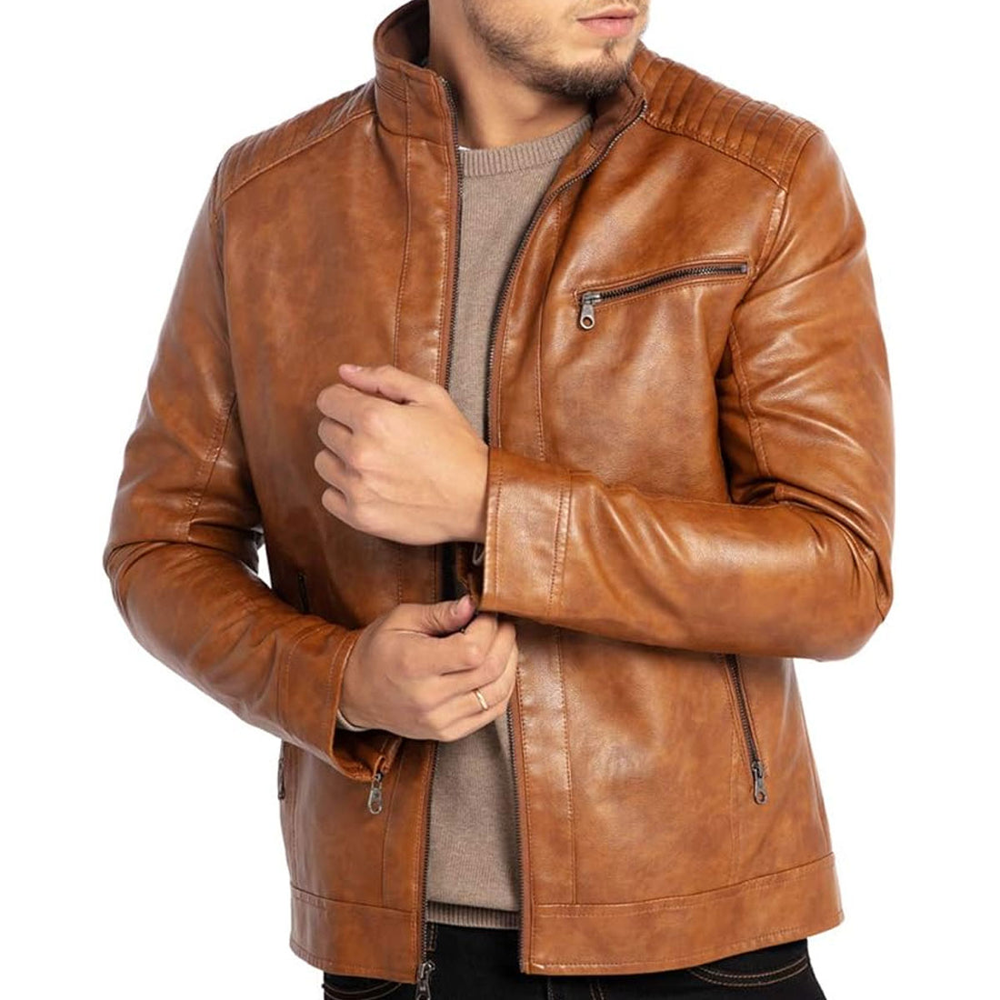 Men's Stand Collar Brown Leather Jacket Motorcycle Lightweight Genuine Leather Outwear