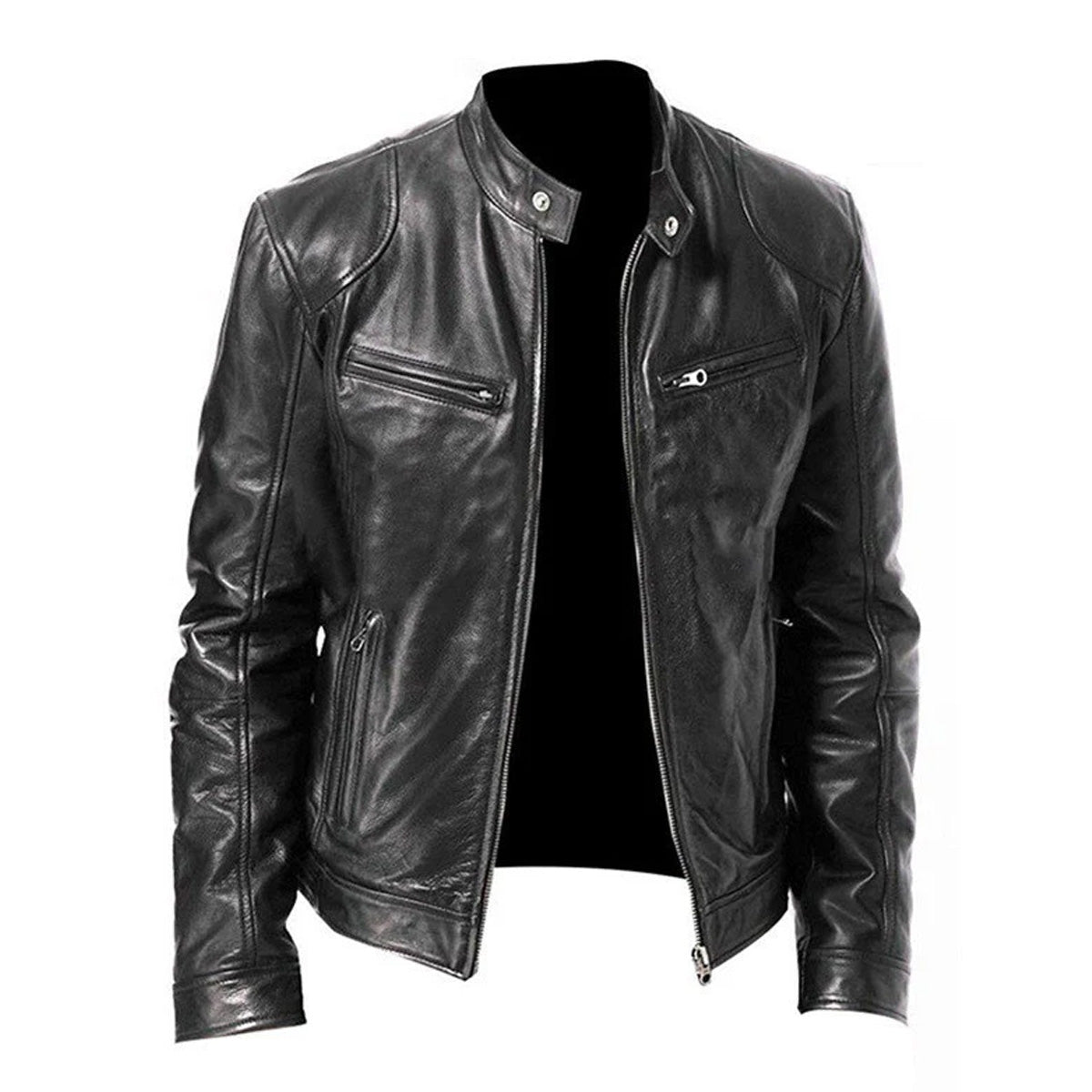 Men's Zip-up Cardigan PU Leather Jacket Fashion Pockets Stand Collar Short Tops Clothing