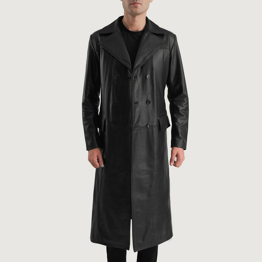 Men's Black Double Breasted Premium 100% Leather Trench Coat