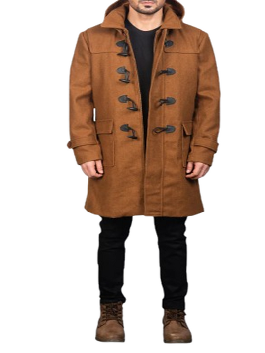Brown & Black Wool Hooded Duffle Long Coat With Toggle Buttons with Placket & Zipper Overcoat For Men