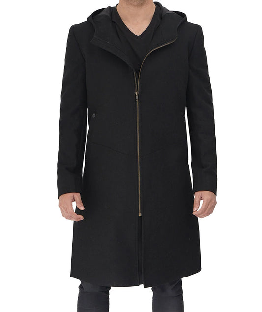 Men's Black Slim Fit Long Wool Trench Front Zipper Coat With Hood Warm Overcoat