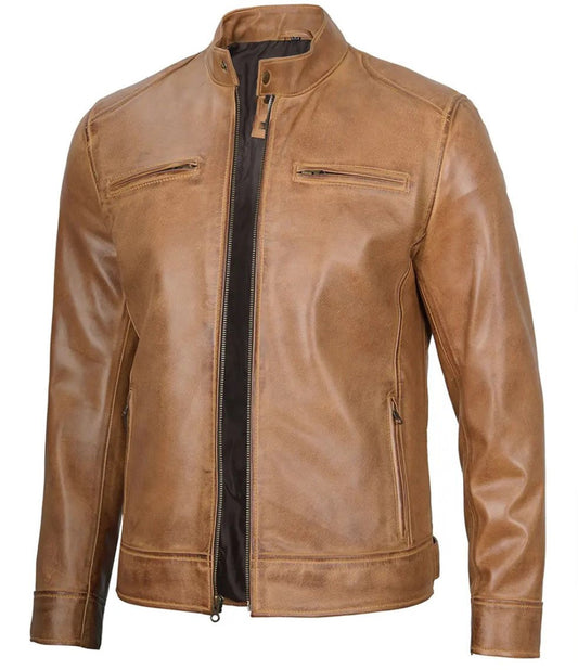 Men's Cafe Racer Genuine Lambskin Vintage Leather Biker Jacket Motorcycle - Premium Coat