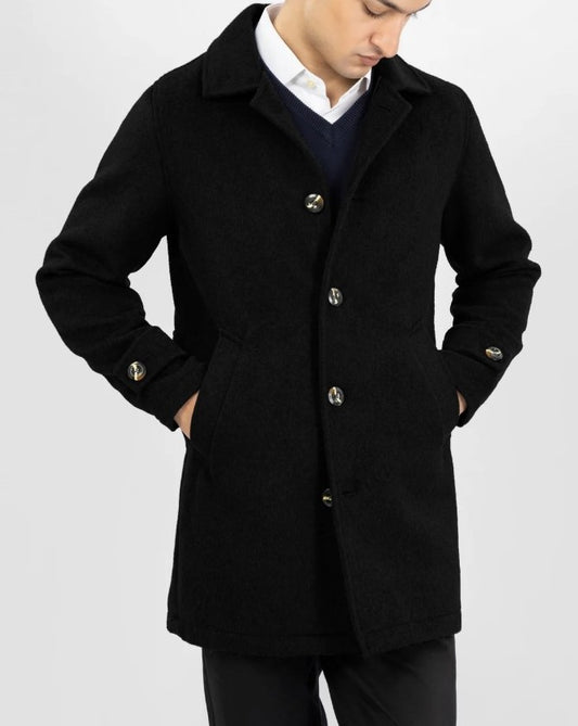 Men's Single Breasted Casual Wool Blend Long Coat - Warm Winter Trench Cotton Business Jacket Soft Premium Black Overcoat