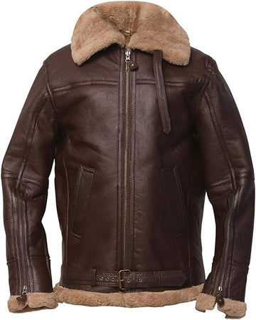 ZA Fashion Cloud Mens Genuine Aviator Flight B3 Bomber Brown Shearling Sheepskin Arvin Leather Winter Jacket