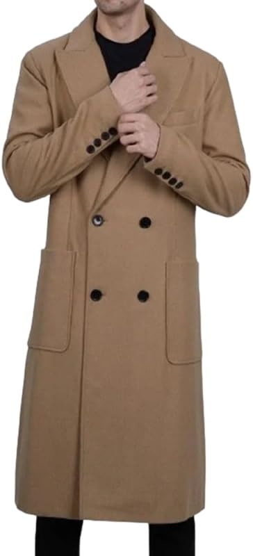 Men's Double Breasted Quilted Winter Warm Notched Collar Wool Classic Coat