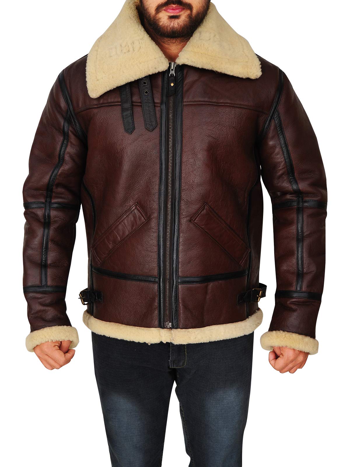 Mens Aviator Flying B3 Real Shearling Sheepskin Leather Bomber Jacket