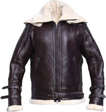 Mens B3 Bomber WW2 Avaitor RAF Real Shearling Brown Sheepskin Double Collar Jacket (X-Small)