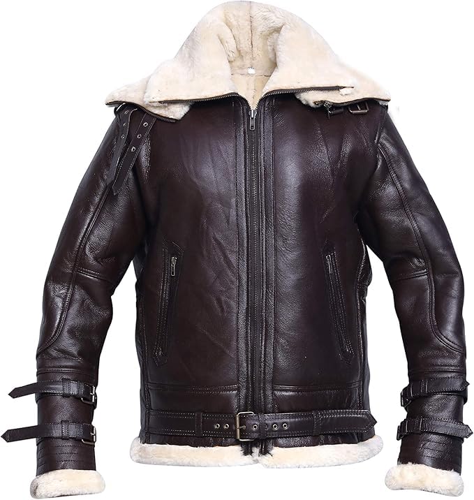 Mens B3 Bomber WW2 Avaitor RAF Real Shearling Brown Sheepskin Double Collar Jacket (X-Small)