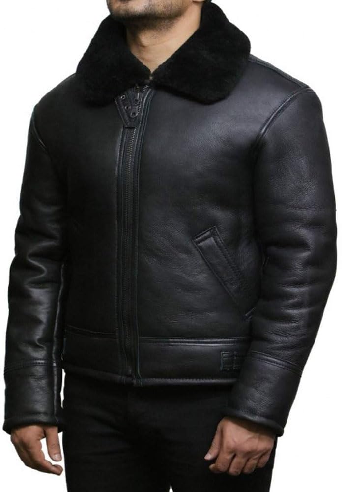 ZA Fashion Cloud Mens Aviator Black RAF B3 Genuine Sheepskin Shearling Coat Flight Leather Winter Jacket