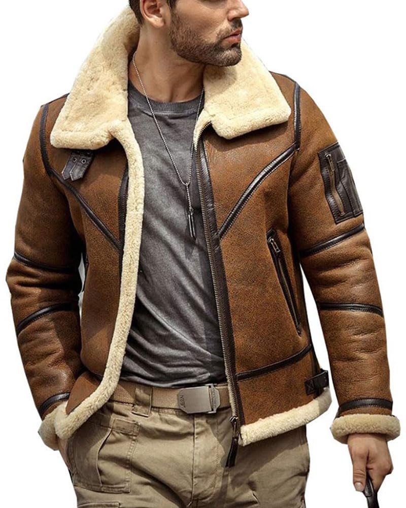 ZA Fashion Cloud Mens Shearling B3 Bomber Flight Fur Sheepskin Aviator Winter Coat leather Jacket
