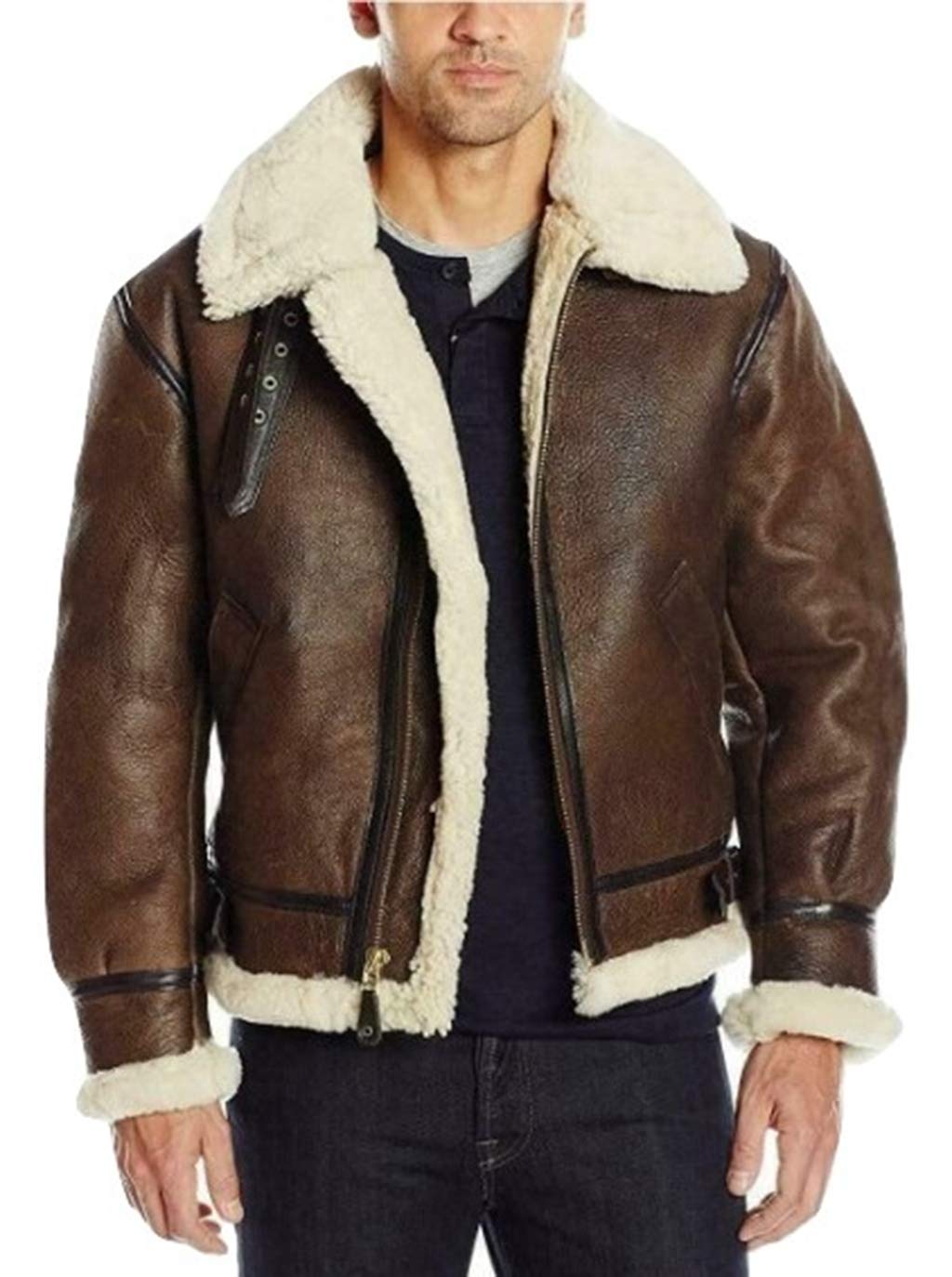 Men's Brown B3 Shearling Sheepskin WW 2 Bomber Leather Flying Aviator Jacket