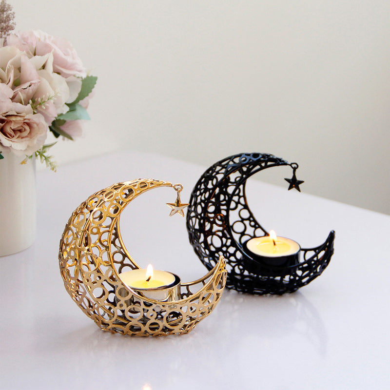 Crescent Moon Candle Holder – Gold & Black Metal Eid Ramadan Tealight Decor for Home & Wedding