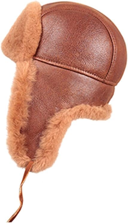 Shearling Sheepskin Leather Aviator Russian Ushanka Winter Fur Hat (3XL) Brown
