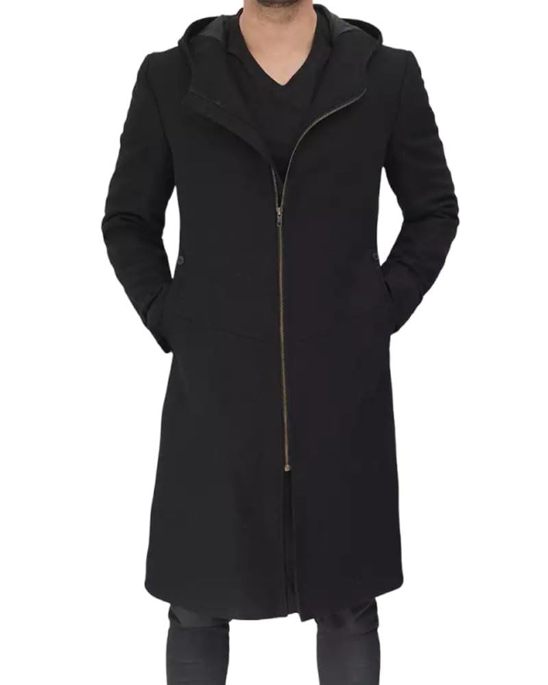 Men's Black Slim Fit Long Wool Trench Full-Front Zipper Coat With Hood Warm Premium Heavy Winter Overcoat