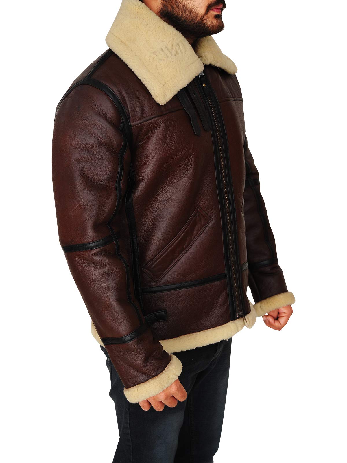 Mens Aviator Flying B3 Real Shearling Sheepskin Leather Bomber Jacket (S)