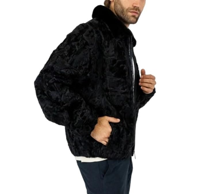 ZA Fashion Cloud Men's Sheepskin Black Karakul Persian Jacket Pure Real Fur Mink Collar Zipper Coat