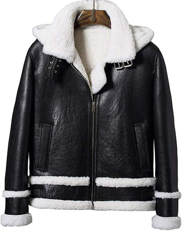 New Mens Shearling Black B3 Bomber Hooded Leather Fur Jacket Winter Short Sheepskin Coat (4XL)