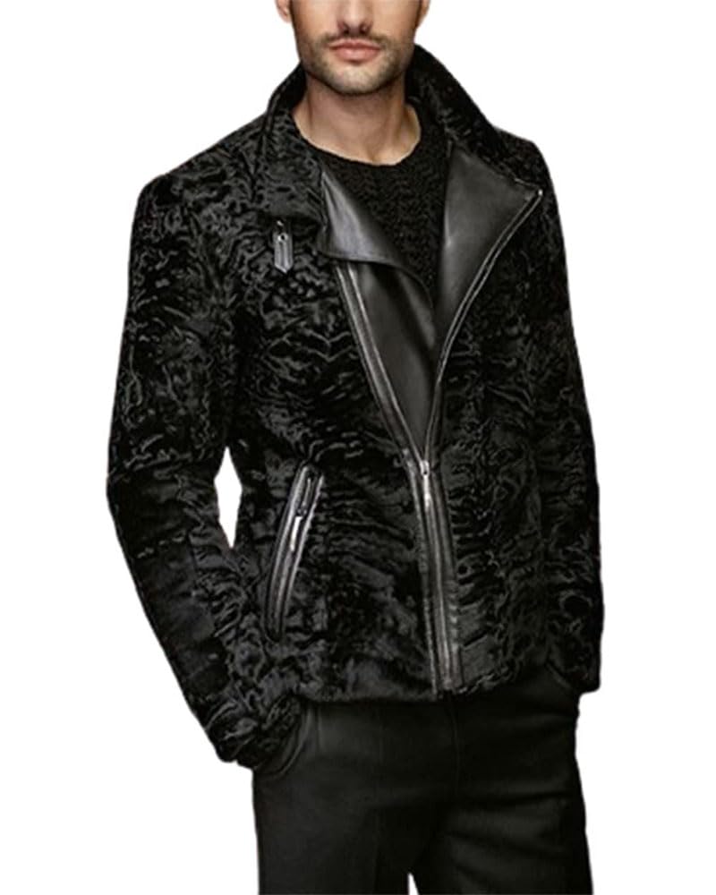 ZA Fashion Cloud Men's Real Black Karakul Persian Lamb Fur Coat Winter Jacket with Zipper