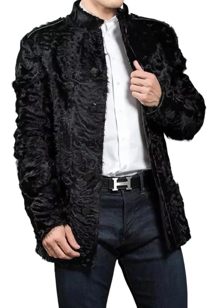 ZA Fashion Cloud Men's Genuine Persian Lamb Fur Jacket Mink Collar Karakul Winter Black Elegant Coat