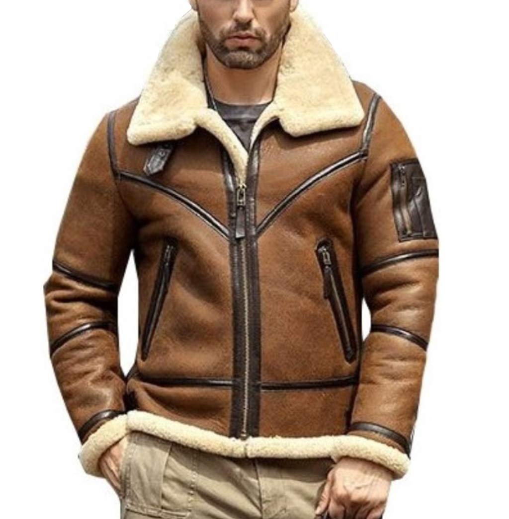 Mens Shearling Jacket B3 Flight Sheepskin Aviator Winter Coat Fur Bomber Leather Jacket