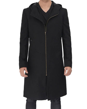 Men's Black Slim Fit Long Wool Trench Full-Front Zipper Coat With Hood Warm Premium Heavy Winter Overcoat
