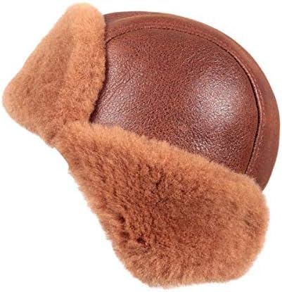 Shearling Sheepskin Leather Aviator Russian Ushanka Winter Fur Hat (3XL) Brown