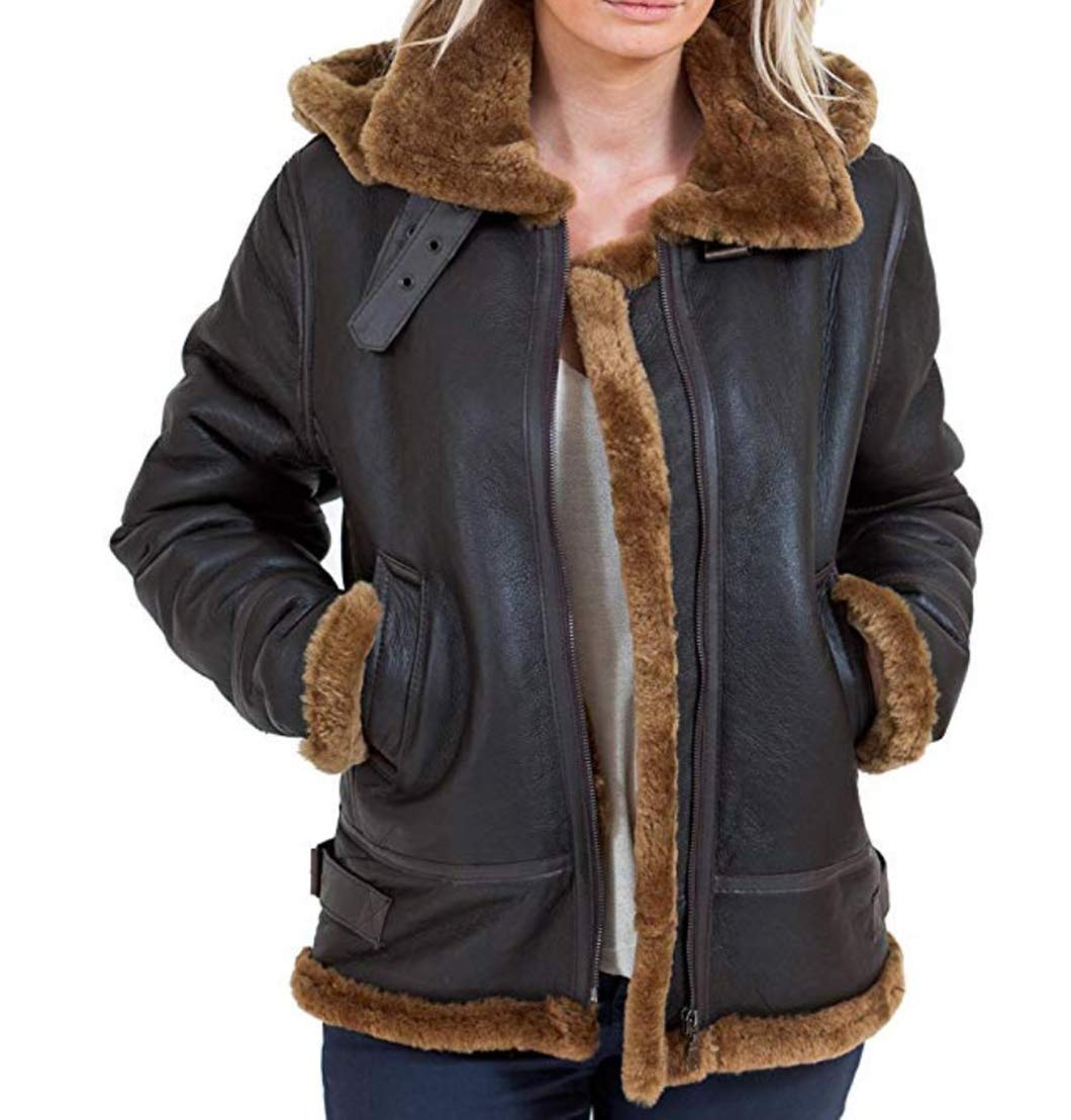 Generic Womens B3 Shearling Sheepskin Flying Hood Soft Brown Wool Leather Jacket