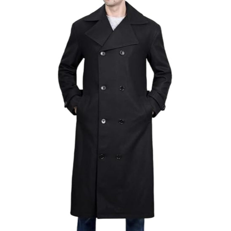 ZA Fashion Cloud Men's Premium Trench Black Double Breasted Peacoat Winter Slim Fit Wool Jacket Long Overcoat