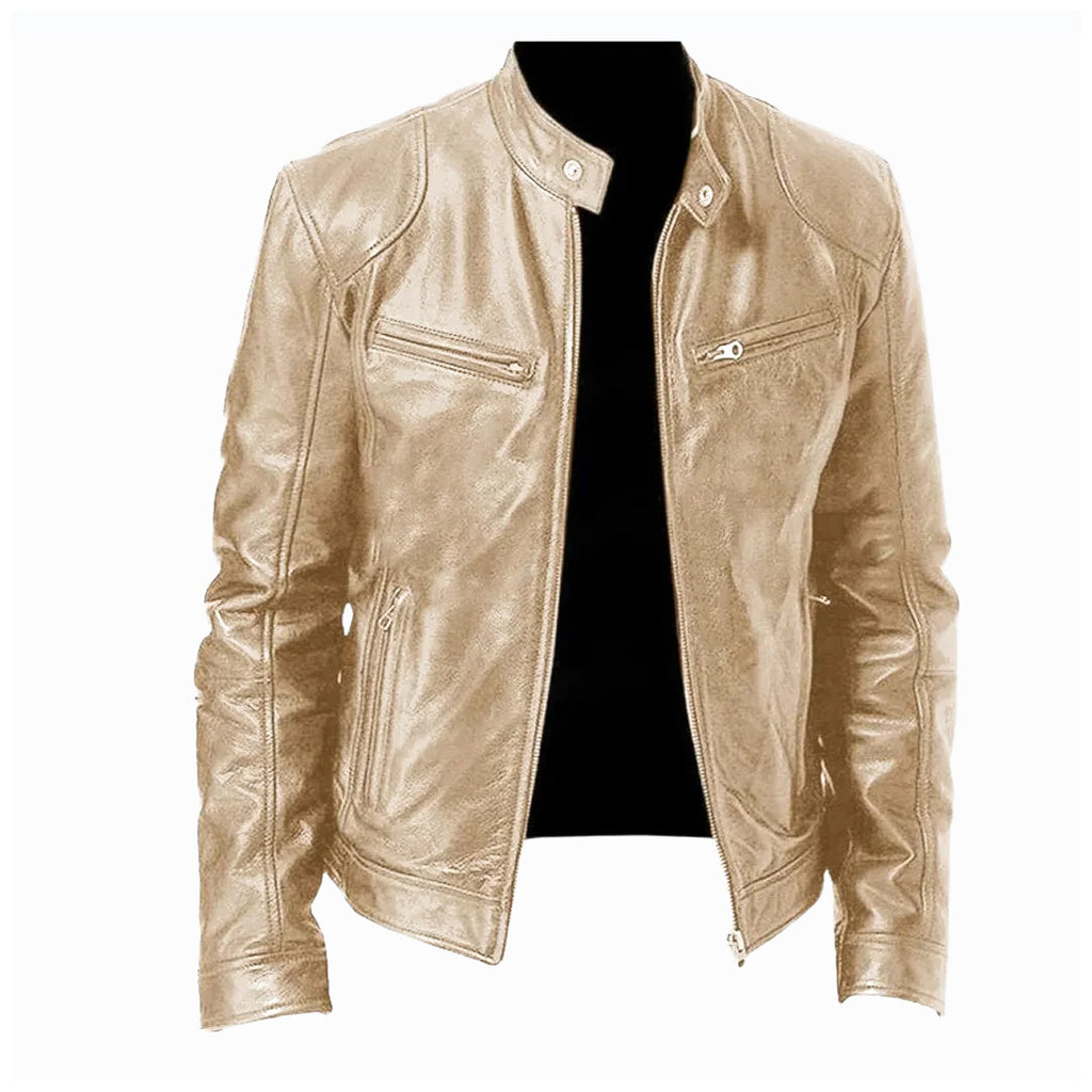 Men's Zip-up Cardigan PU Leather Jacket Fashion Pockets Stand Collar Short Tops Clothing
