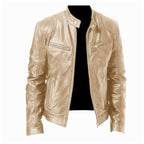Men's Zip-up Cardigan PU Leather Jacket Fashion Pockets Stand Collar Short Tops Clothing