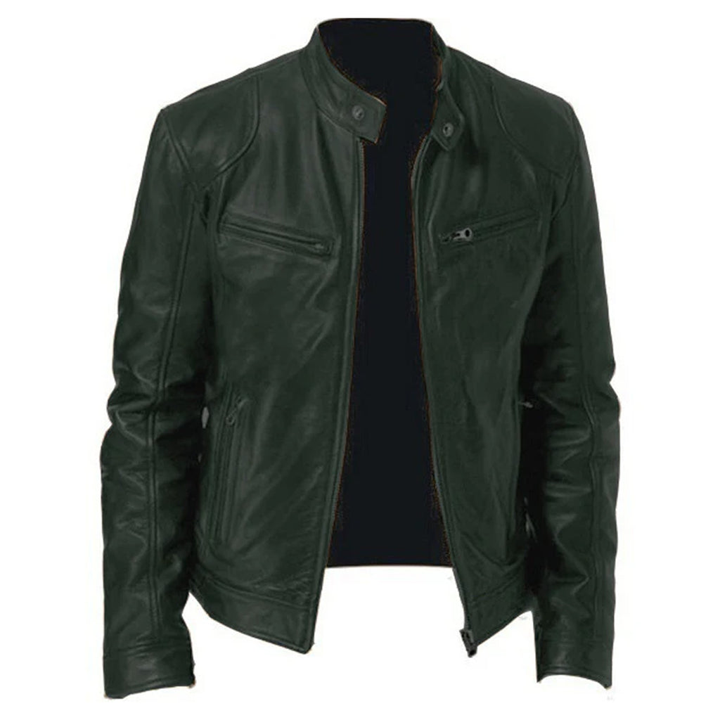 Men's Zip-up Cardigan PU Leather Jacket Fashion Pockets Stand Collar Short Tops Clothing