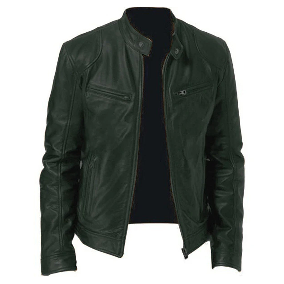 Men's Zip-up Cardigan PU Leather Jacket Fashion Pockets Stand Collar Short Tops Clothing