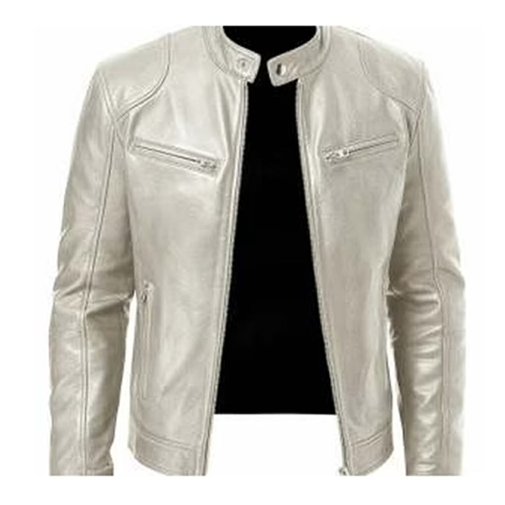 Men's Zip-up Cardigan PU Leather Jacket Fashion Pockets Stand Collar Short Tops Clothing