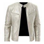 Men's Zip-up Cardigan PU Leather Jacket Fashion Pockets Stand Collar Short Tops Clothing