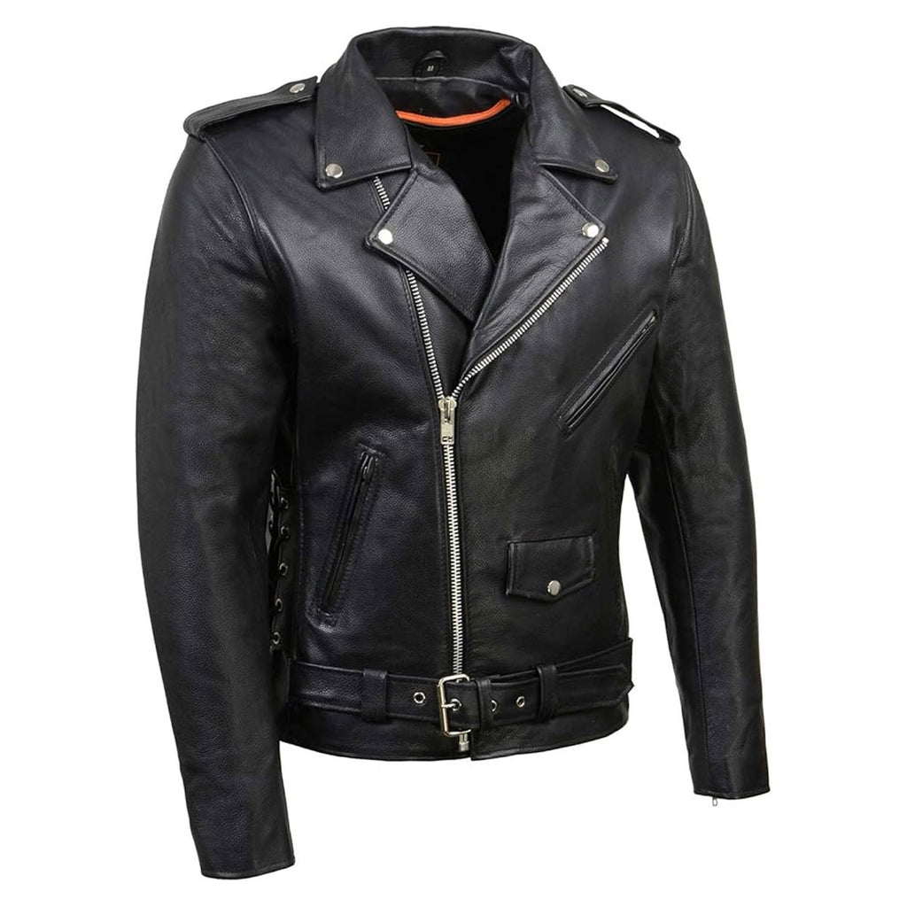 Men's Classic Brando Premium Leather Black Motorcycle Riders Leather Jacket w/Side Laces