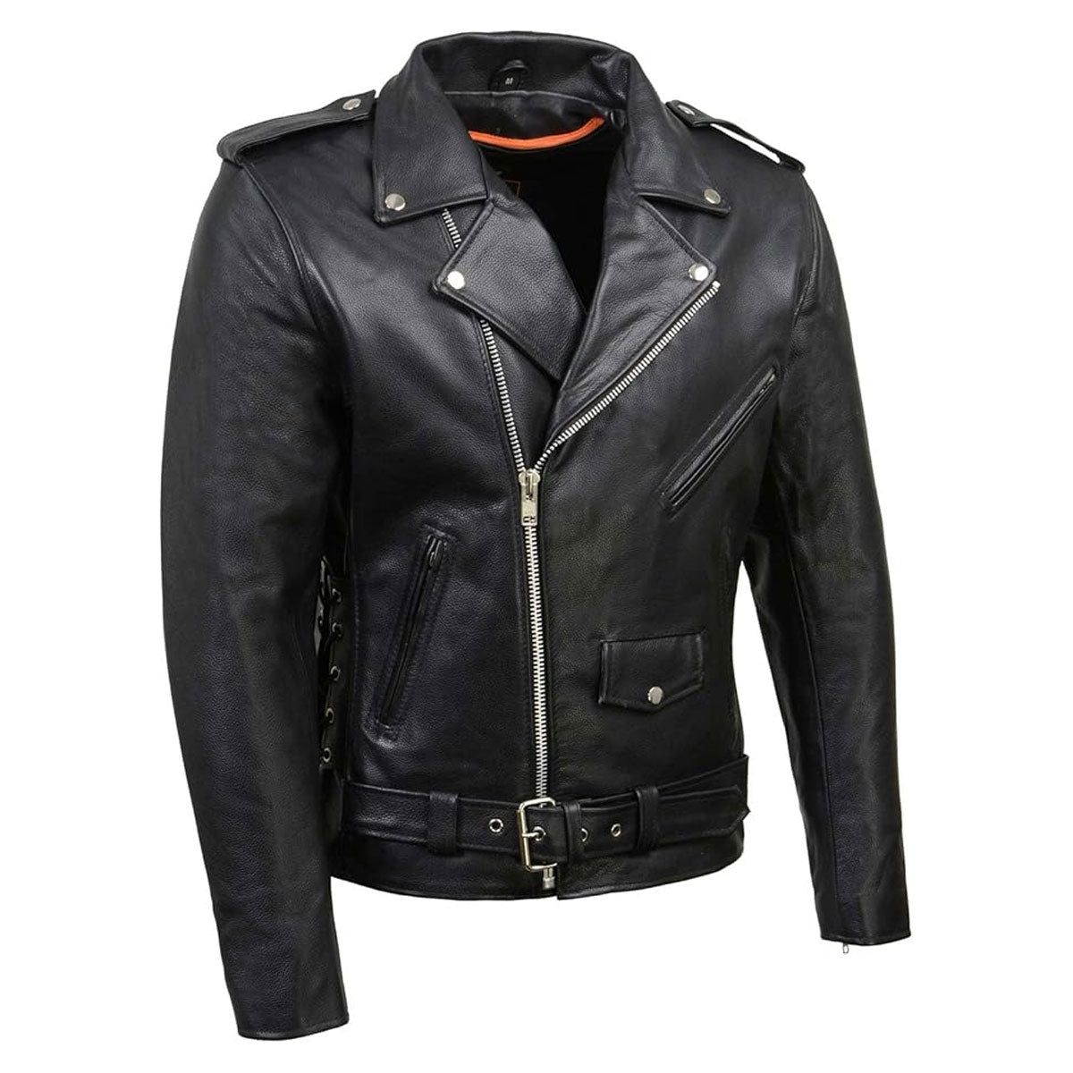 Men's Classic Brando Premium Leather Black Motorcycle Riders Leather Jacket w/Side Laces