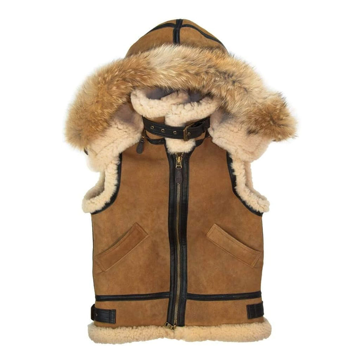 Women B3 Bomber Shearling Sheepskin Flying Aviator Pilot Removable Hood Fur Leather Vest