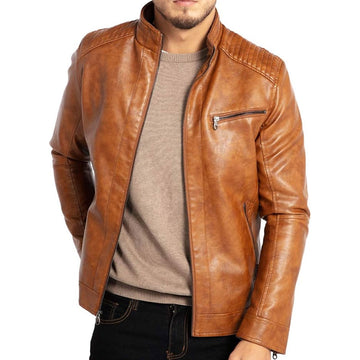 Men's Stand Collar Brown Leather Jacket Motorcycle Lightweight Genuine Leather Outwear