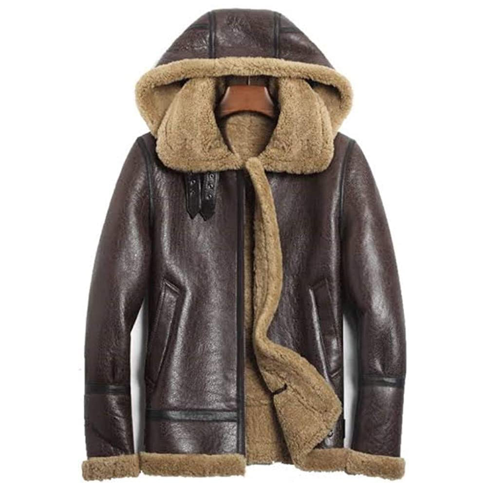 ZA Fashion Cloud Men’s Detachable Shearling Sheepskin Hood B3 Bomber Flight Leather Winter Jacket