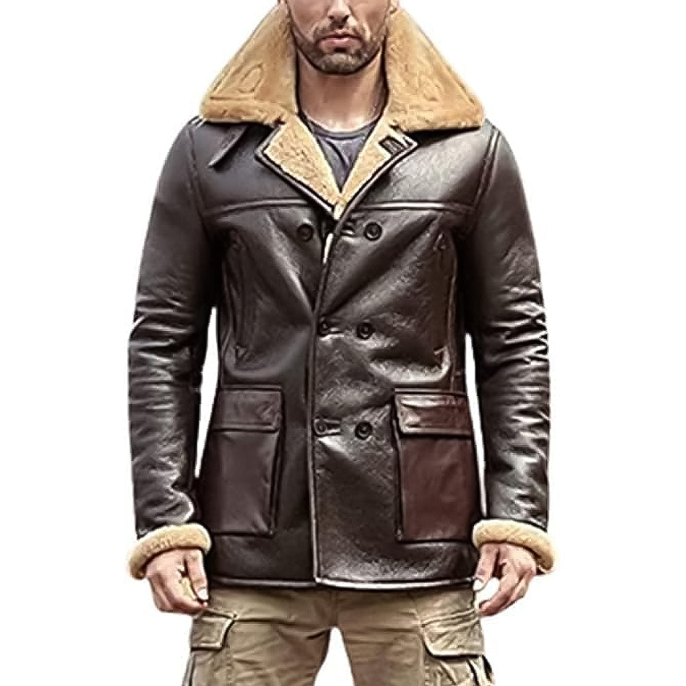 ZA Fashion Cloud Men's B3 Genuine Leather Ginger Brown Aviator Coat Real Shearling Bomber Pilot Style Fur Jacket