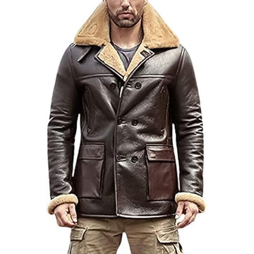 ZA Fashion Cloud Men's B3 Genuine Leather Ginger Brown Aviator Coat Real Shearling Bomber Pilot Style Fur Jacket