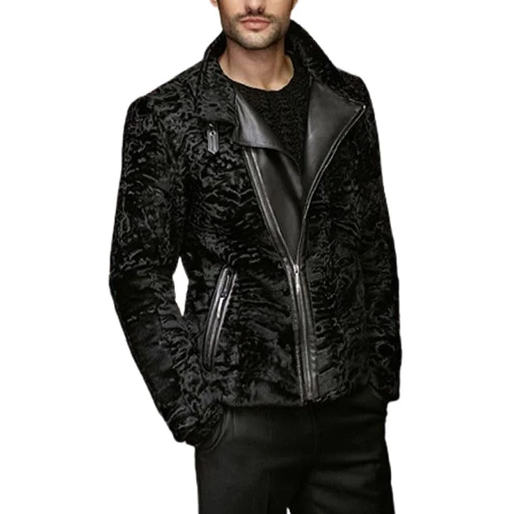 ZA Fashion Cloud Men's Real Black Karakul Persian Lamb Fur Coat Winter Jacket with Zipper