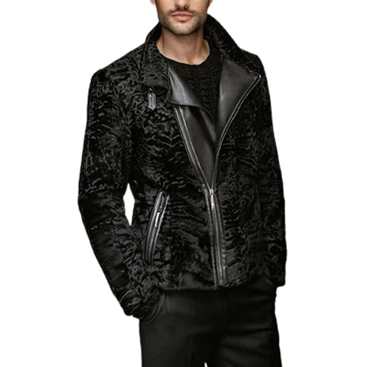 ZA Fashion Cloud Men's Real Black Karakul Persian Lamb Fur Coat Winter Jacket with Zipper