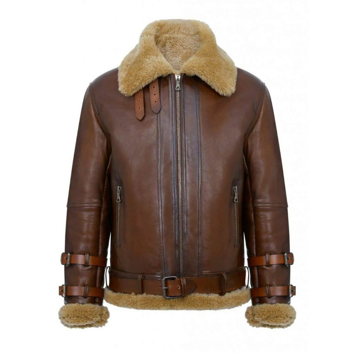 Men's Real Shearling Sheepskin Leather Pilot Aviator B3 Bomber Flying Jacket