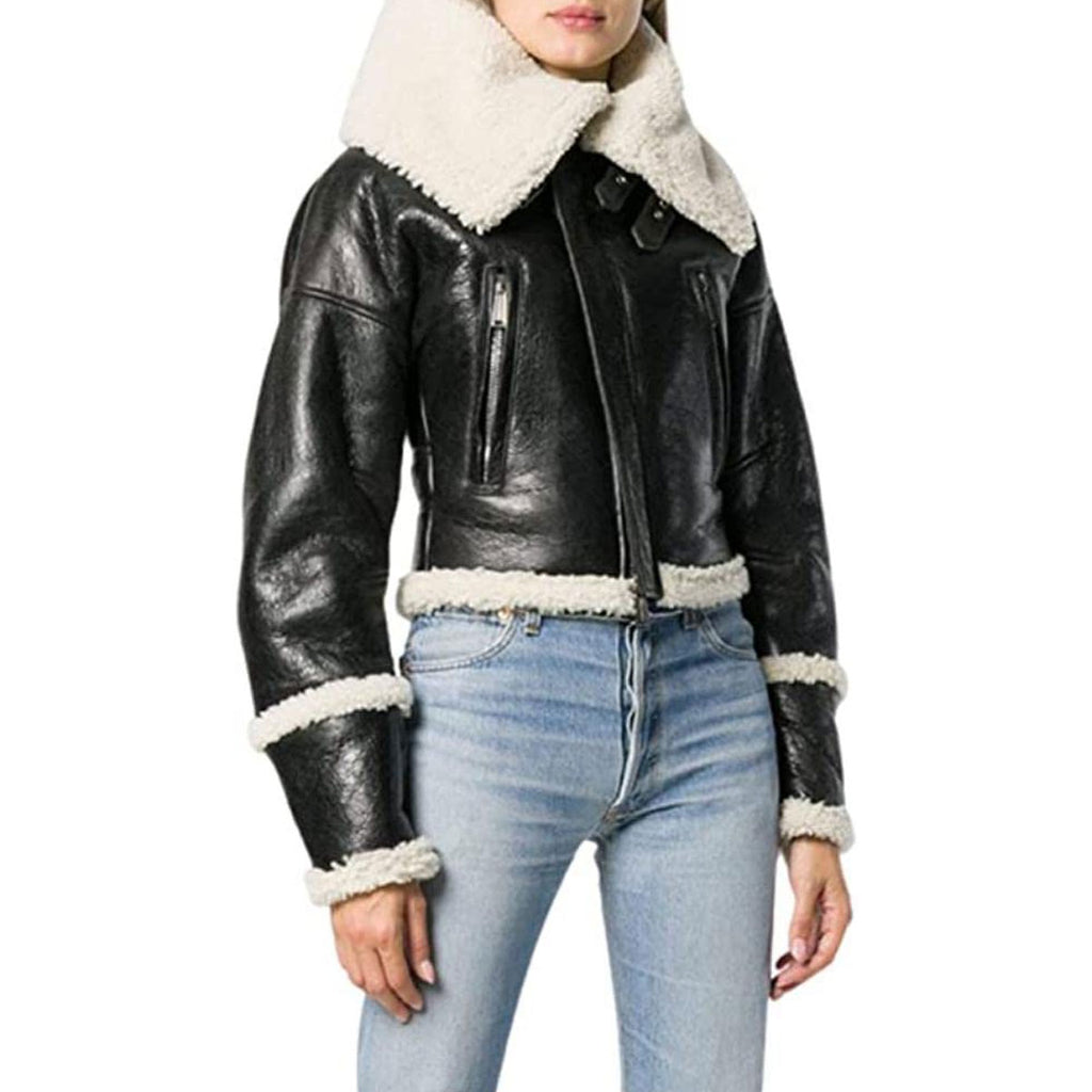 Womens's Short Black Fur Sheepskin Aviator Bomber leather Jacket