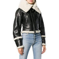 Womens's Short Black Fur Sheepskin Aviator Bomber leather Jacket
